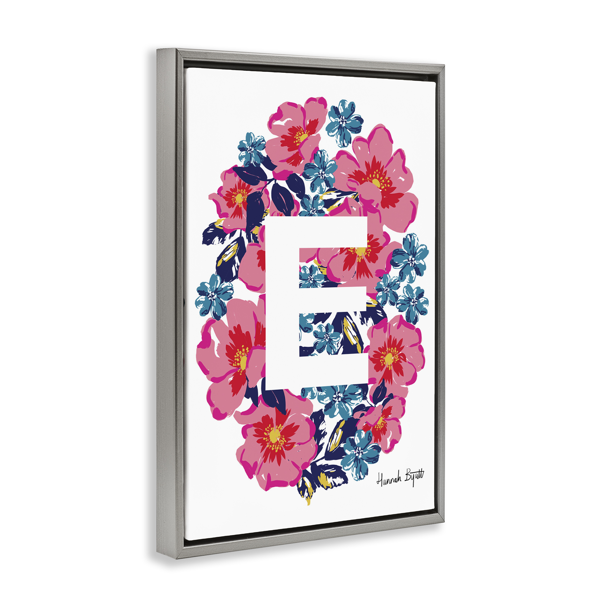 Stupell Industries Floral Bloom Letter E Botanical & Floral Painting Gray Floater Framed Art Print Wall Art, 21 x 31