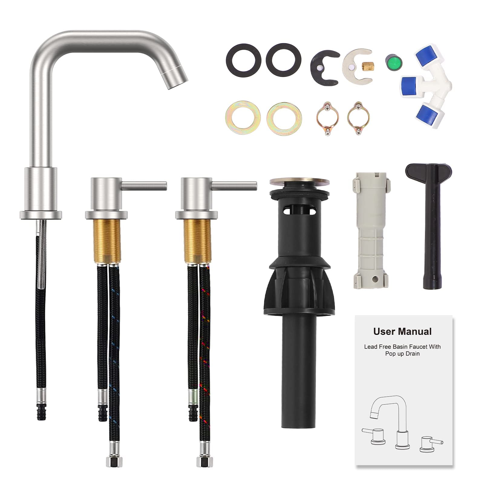 Brushed Nickel Bathroom Faucet 3 Hole,8 Inch Bathroom Faucet with Metal Pop-up Drain Assembly, Two Handle Vanity Faucet with cUPC Supply Lines, 8" Widespread Bathroom Sink Faucet