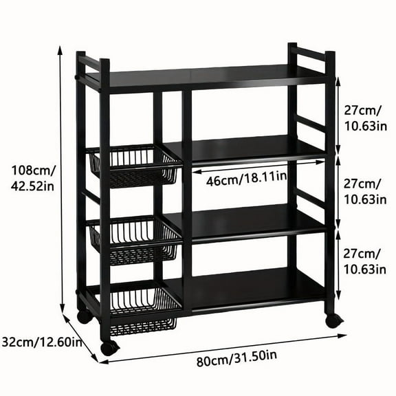 Portable storage rack, adjustable 4-tier kitchen shelf with 3 wire baskets, kitchen organizer and storage, metal shelf with wheels