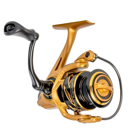 Lew's Custom Pro 200 Spinning Reel Size 200 Reel 10+1 Bearings 6.2:1 Gear Ratio Aluminum Frame and Sideplate Aluminum Speed Gears Hybrid Carbon Drag Reversible Retrieve Gold/Black
