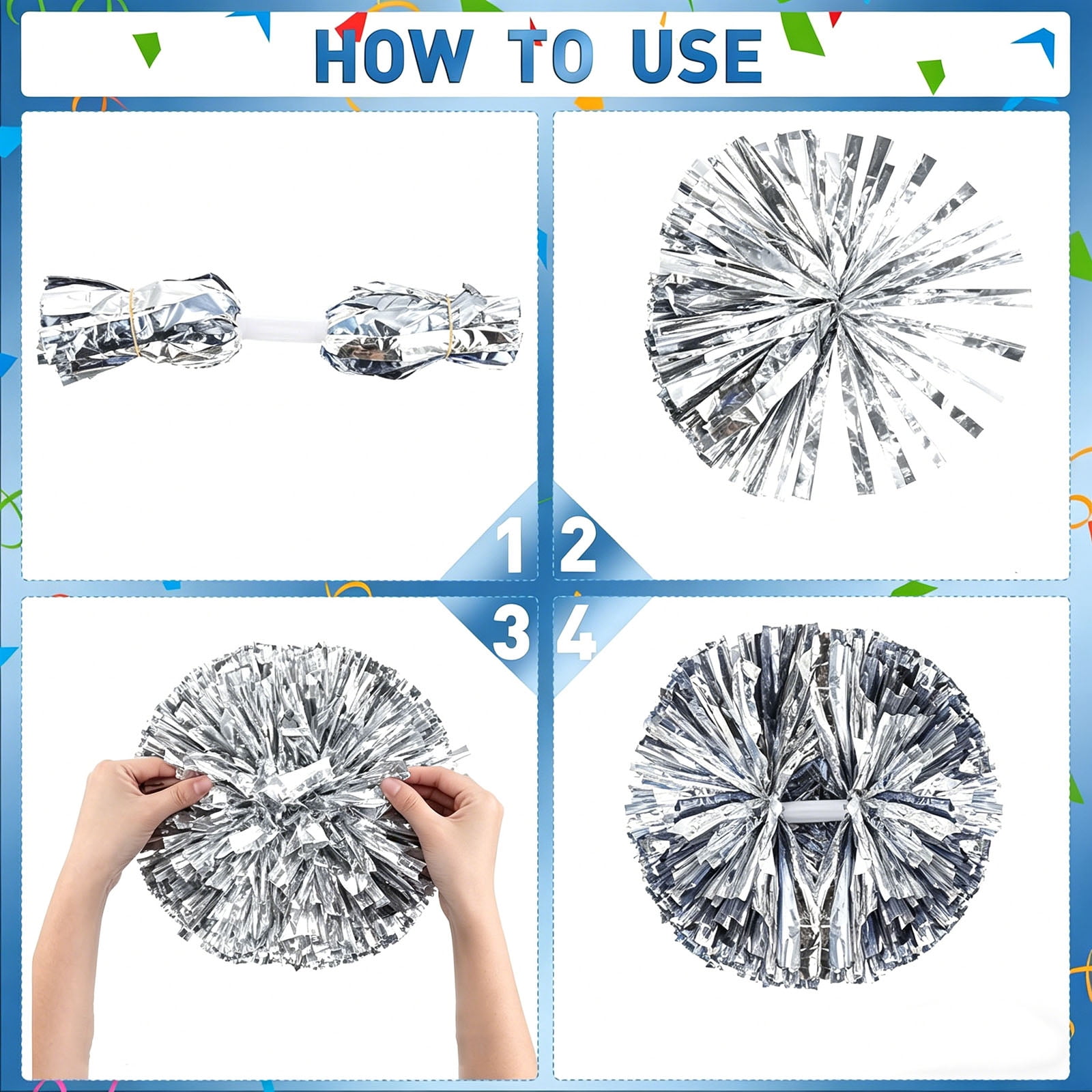 Poms 2-Pack, Metallic Cheerleading Pompoms with Handles, Bulk Poms for Sports Cheer, Dance, Parade