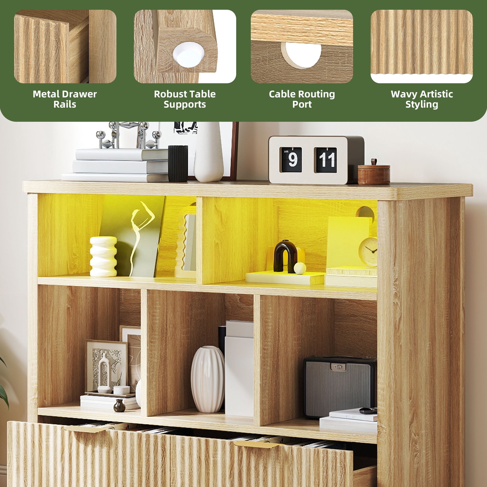 Uforic 5 Cube Bookcase with LED Light, Modern 3 Tier Bookshelf with Drawers for Home Office
