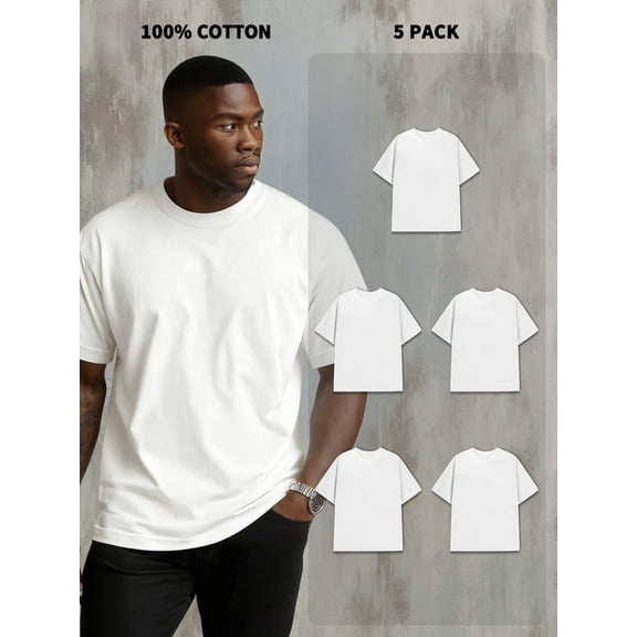 5-Pack Men's 100% Cotton Short Sleeve Crew Neck Tees - 180g, Shrink-Resistant, Cost-Effective, White
