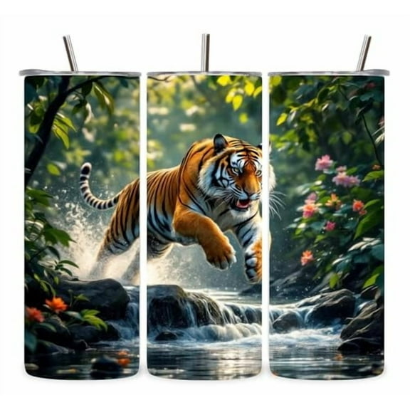Alpha Printing 20oz Tumbler with Straw – Tiger Jumping in Water Wildlife Edition, Insulated Mug