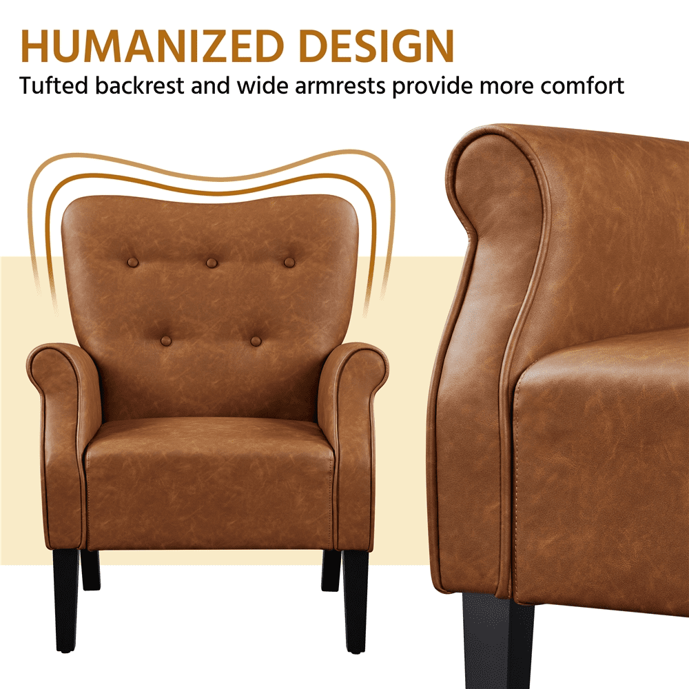 Alden Design Mid-century Faux Leather Accent Chair with Tufted High Back for Living Room, Retro Brown