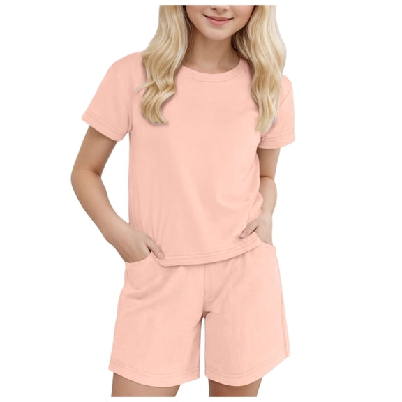 newwalpole Girls Two Piece Sets Short Sleeve Tshirts and Drawstring Shorts With Pockets Summer Outfits Pink for Size 12-13 Years