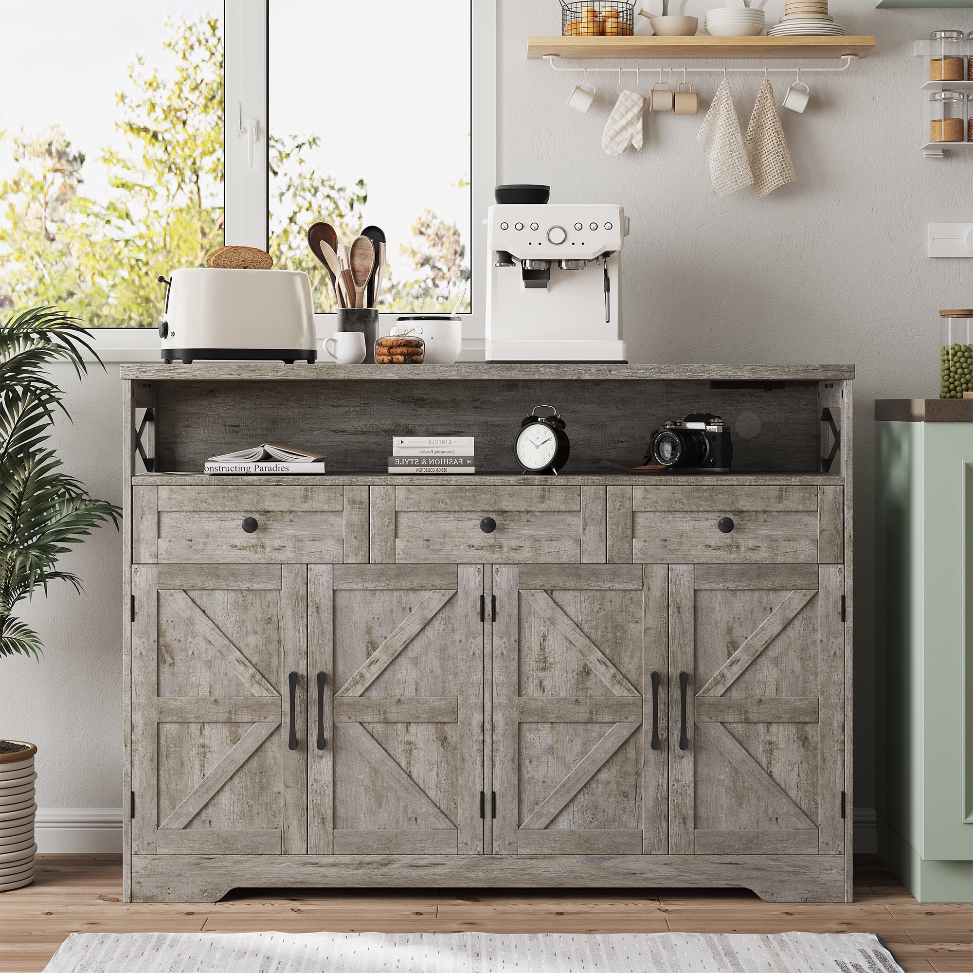 Veanerwood 52" L Farmhouse Buffet Cabinet with Drawers, Sideboard with Storage, Kitchen Pantry Cabinet Hutch for Kitchen, Dining Room, Livingroom, Grey