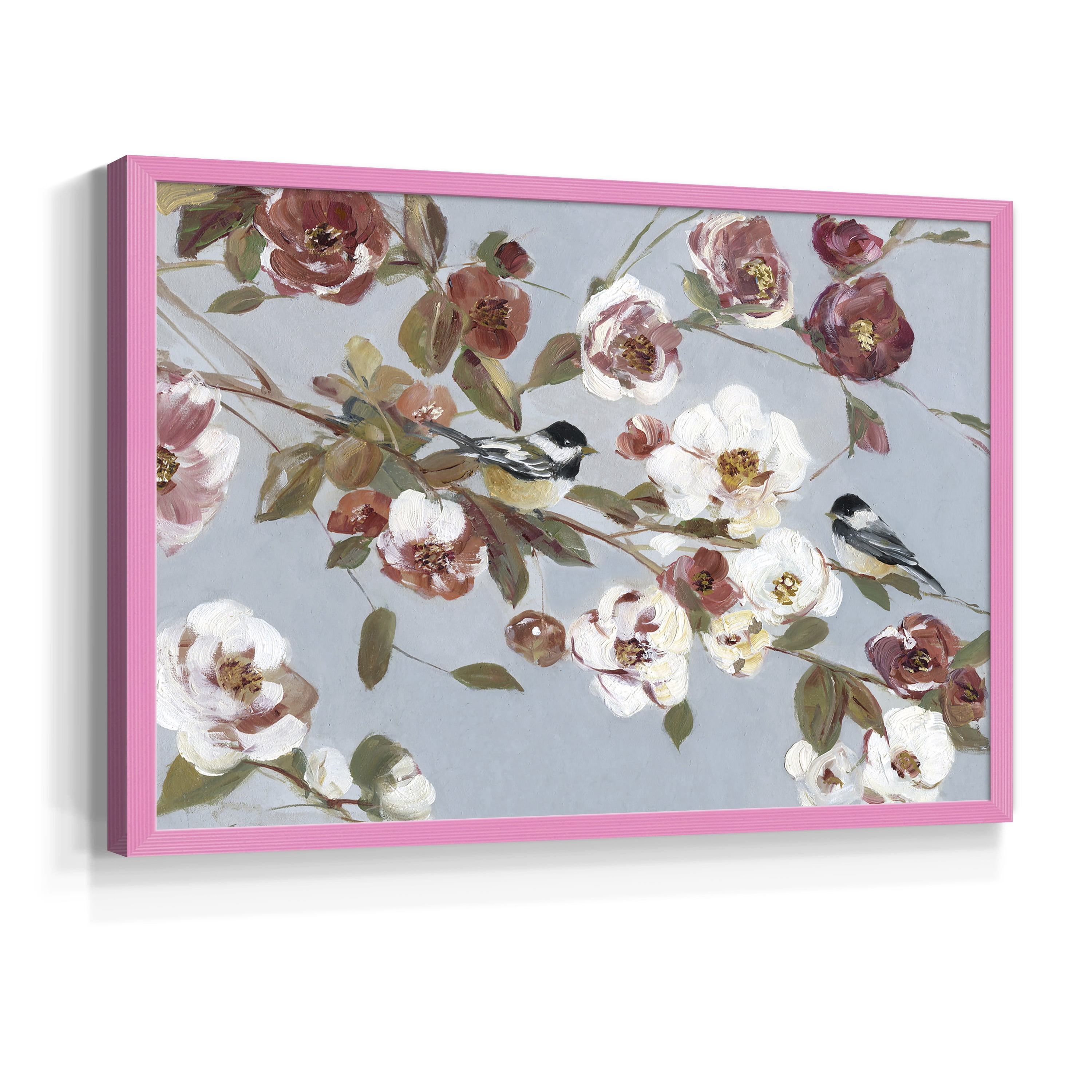 Chickadees and Blossoms II by Sally Swatland - Restickable Framed Giclée Print
