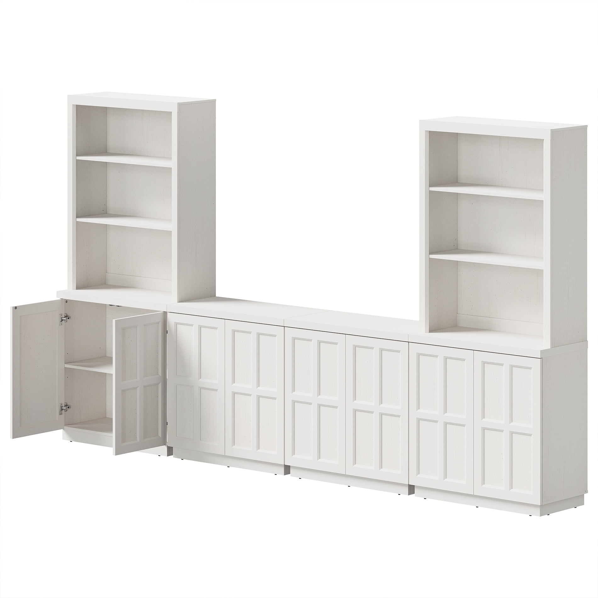 HOMOOI Integrated Bookcase,Boho Freestanding Bookshelf with Open Display Shelves, Adjustable Shelf & Handle-Free Rebound Door, Sturdy Rustic Wood Bookcase for Living Room,Home Office,White