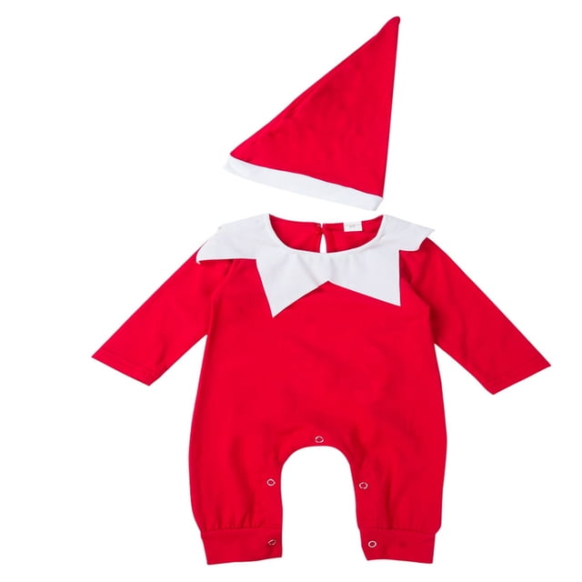 Barboteuse de Noël pour Tout-Petits Garçons Filles + Ensemble Chapeau Manches Longues Col Elf Rouge Combinaisons 2 Pcs