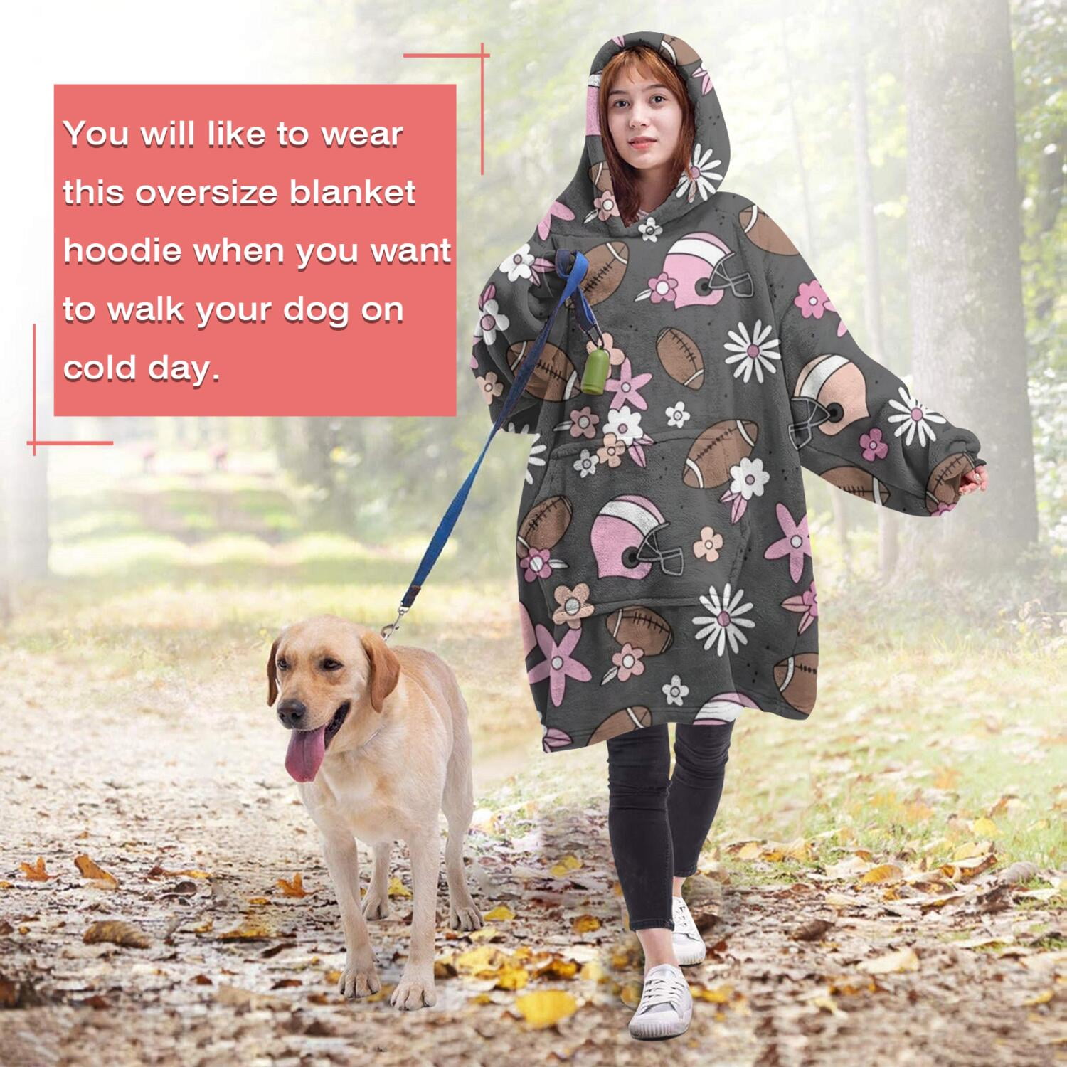 Gray Football and Flowers Pattern Wearable Oversized Blanket,Wearable Blanket Hoodie for Adults,Cozy Hooded Blankets with Super Pockets,Super Warm Fuzzy Pullover for Women & Men