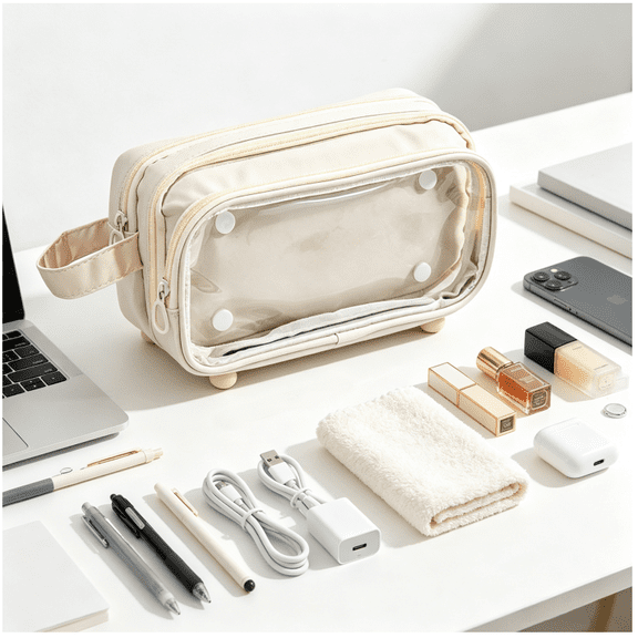3-Layer Large Capacity Pencil Pouch with Carry Handle, Zipper Stationery Bag , Beige