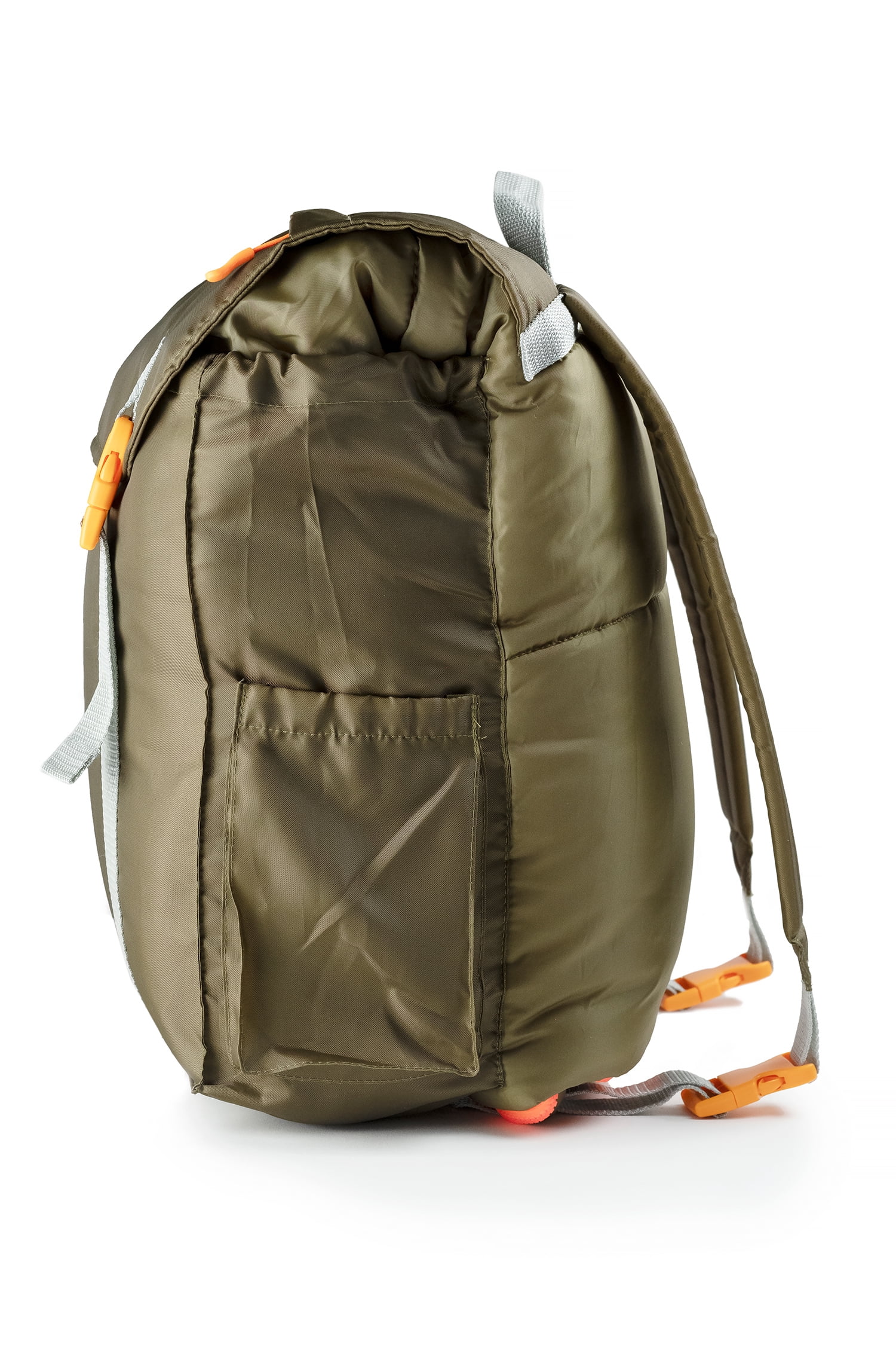 Mimish Sleep-N-Pack, 37F Kid's Sleeping Bag & Backpack, Olive Green/Bright Orange