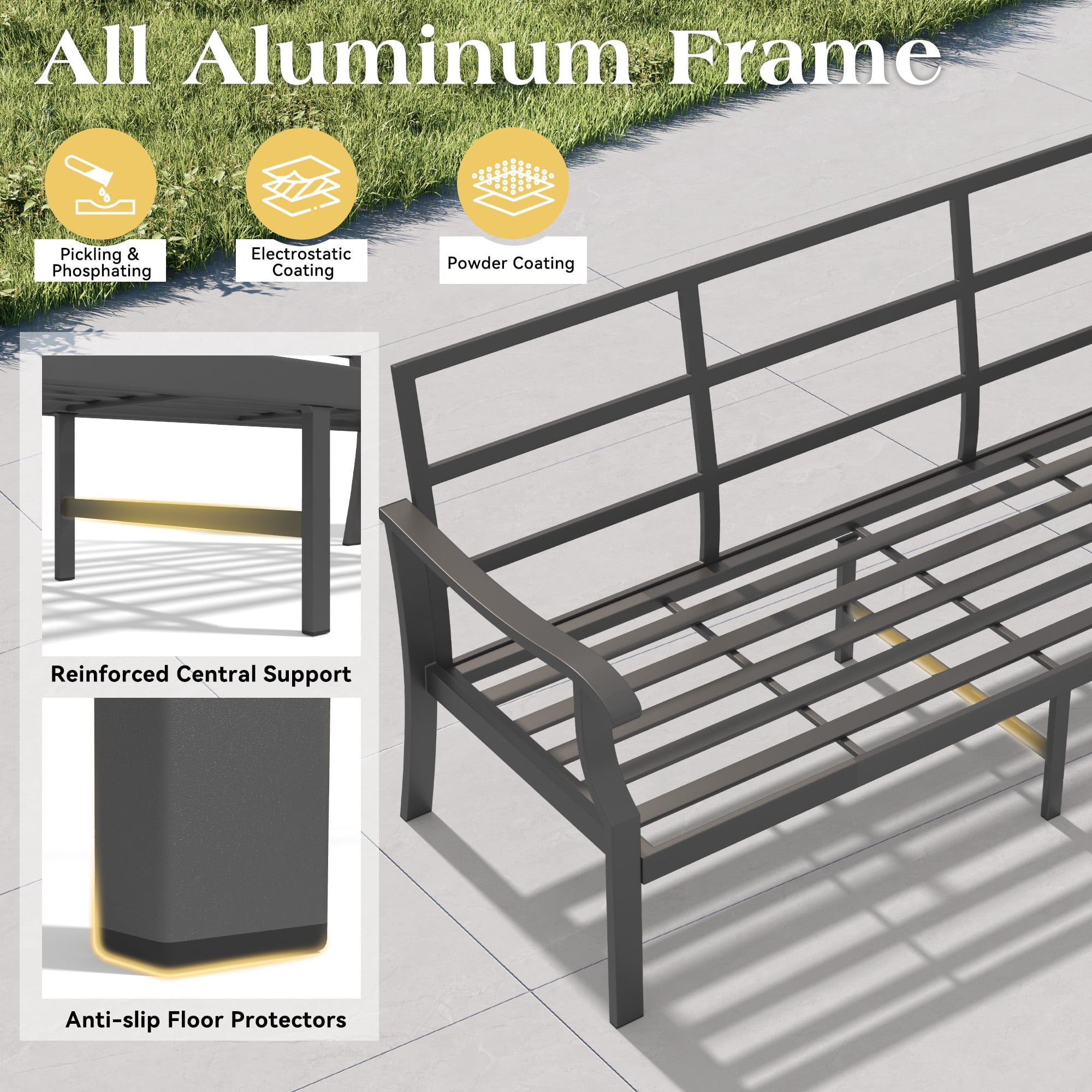 Mvpipi 6 Piece Aluminum Patio Conversation Set, Outdoor Metal Furniture Set w/Rocking Swivel Chairs, 3-Seat Sofa, Ottomans and Coffee Table, 5" Thickened Cushions for Backyard, Poolside, Gray