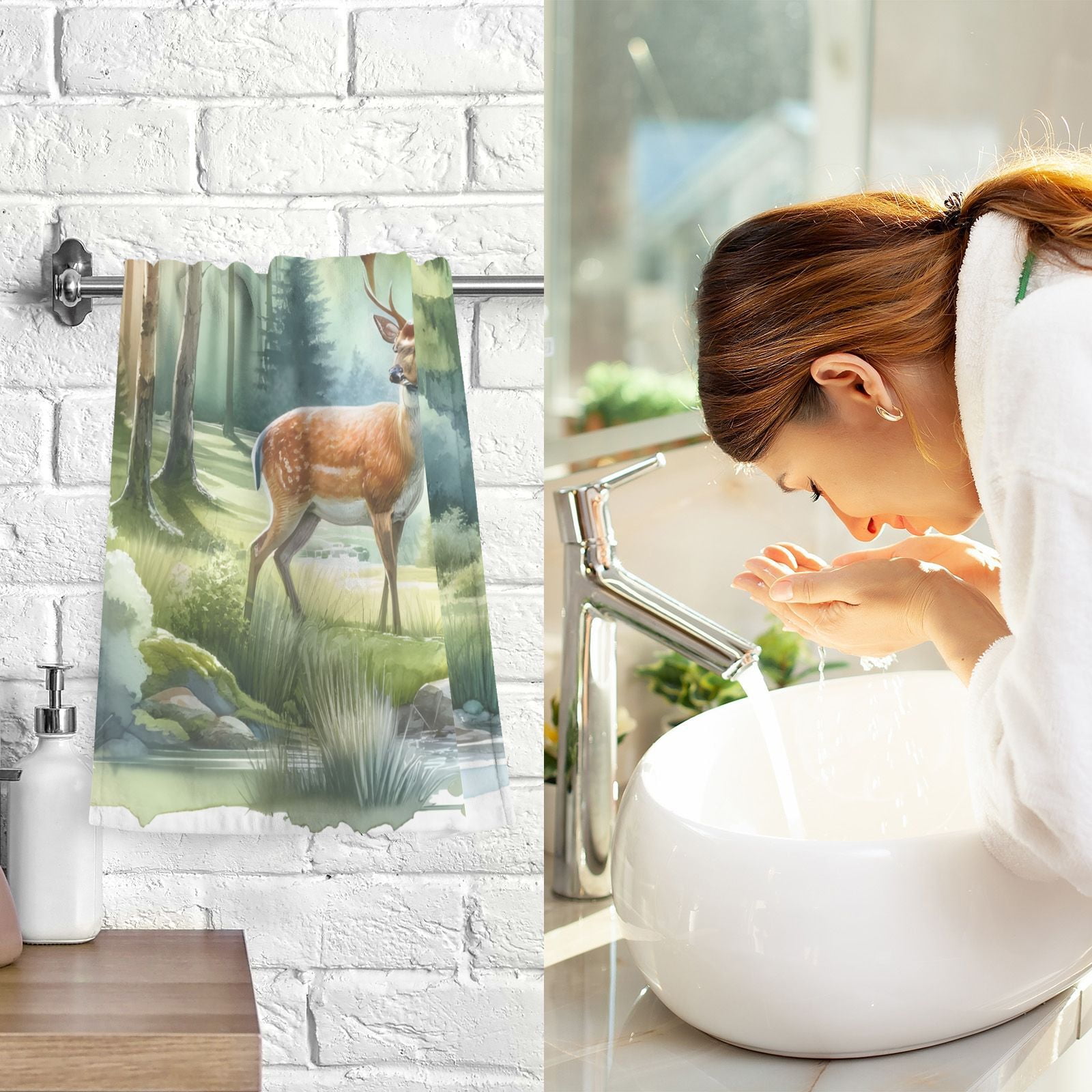 Deers on Forest Hand Towel Bath Towels Face Towels Cotton Absorbent for Home Hotel Spa Swimming Yoga Sports Decorative Towel Set of 2
