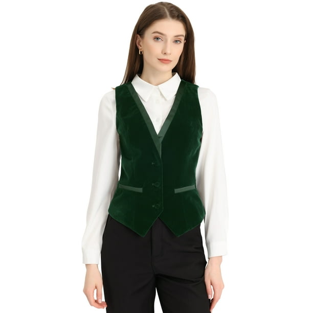 Chaleco retro de terciopelo Allegra K Mujer Cuello En V Sin Mangas Verde oscuro XL