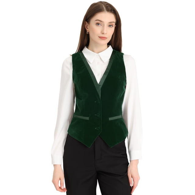 Chaleco de Estilo retro de terciopelo Allegra K Cuello En V Sin Mangas Verde oscuro M