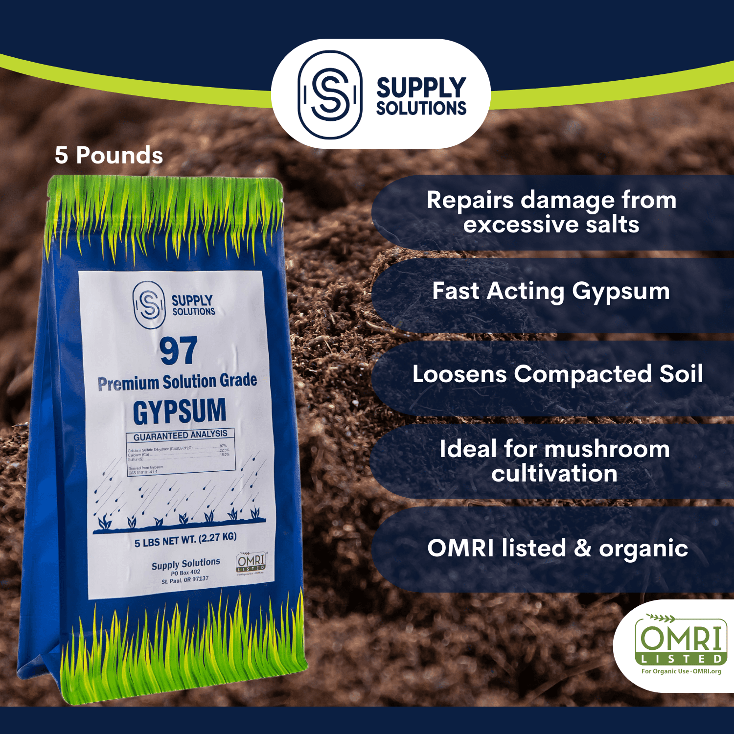 Supply Solutions Gypsum Powder for Soil - Promotes Root Growth for Mushrooms Soil Aerator Calcium Fertilizer - Pure and Soluble Soil Conditioner for Clay Soil and Lawn (5lbs)