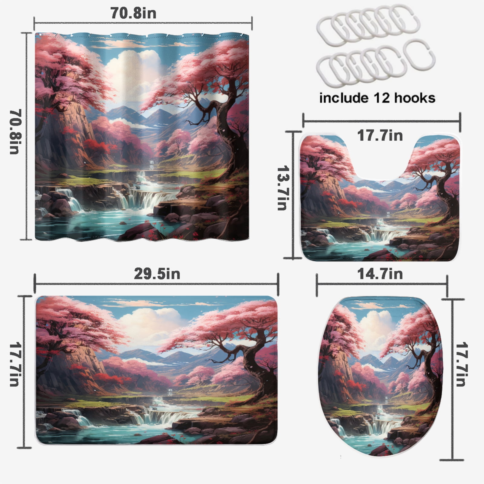 Japanese 4 Pieces Shower Curtain Set with Non-Slip Rug Asian Art Cherry Blossom Waterfall Mountain Waterproof Fabric Cloth Bath Curtain, Non-Slip Bathroom Rugs Bath Mats, 72x72 Inch