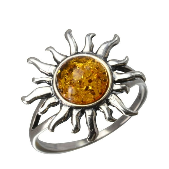 HolidayGiftShops GIA Certified Sterling Silver and Baltic Honey Amber Sun Adult Ring- size 10