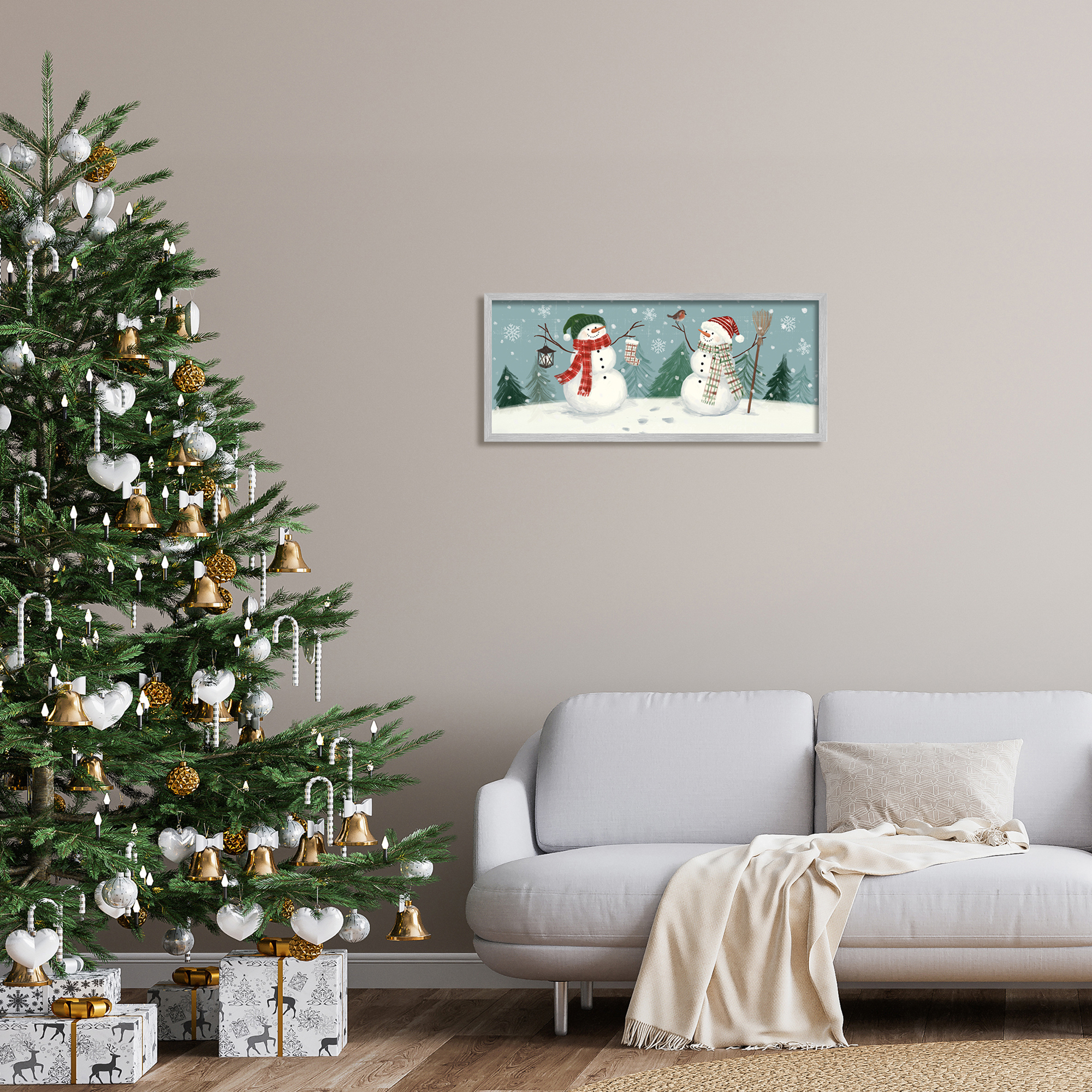 Festive Winter Snowmen Celebrating Falling Snowflakes Landscape Painting Framed Art Print Wall Art