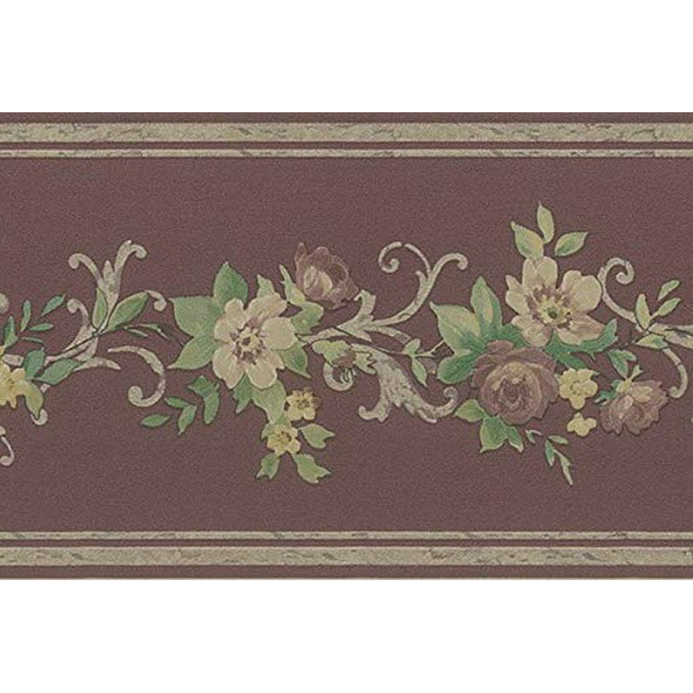 879829 Satin Burgundy Gold Floral Trail Wallpaper Border b60961