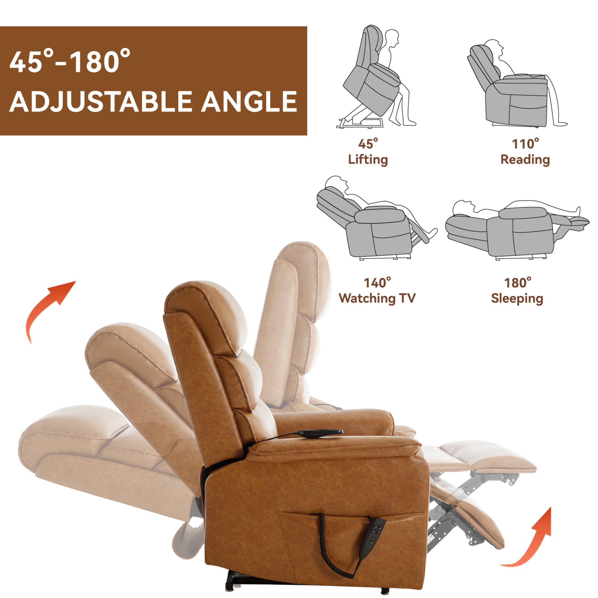 Leumius Power Lift Recliner Chair for Elderly with Vibration Massage and Lumbar Heating,Electric Lift Recliner Single Sofa with Side Pocket and Infinite Position for Living Room,Yellow Brown