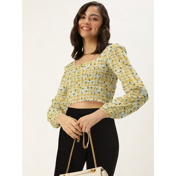 DressBerry Women's Printed Rayon Slub Crop Top Casual Summer Smocked Pattern Square Neck Long Puffed Sleeves Western Style Slip-On Light Weighted High Waist Blouse Top