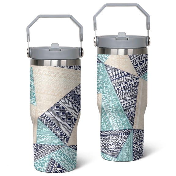 30oz Boho Pieced Patchwork Stainless Steel Tumbler with Top Handle,Bohemian Style Travel Coffee Mug Flip Straw Cup,Gifts for Women Girls Men Adults(grey)