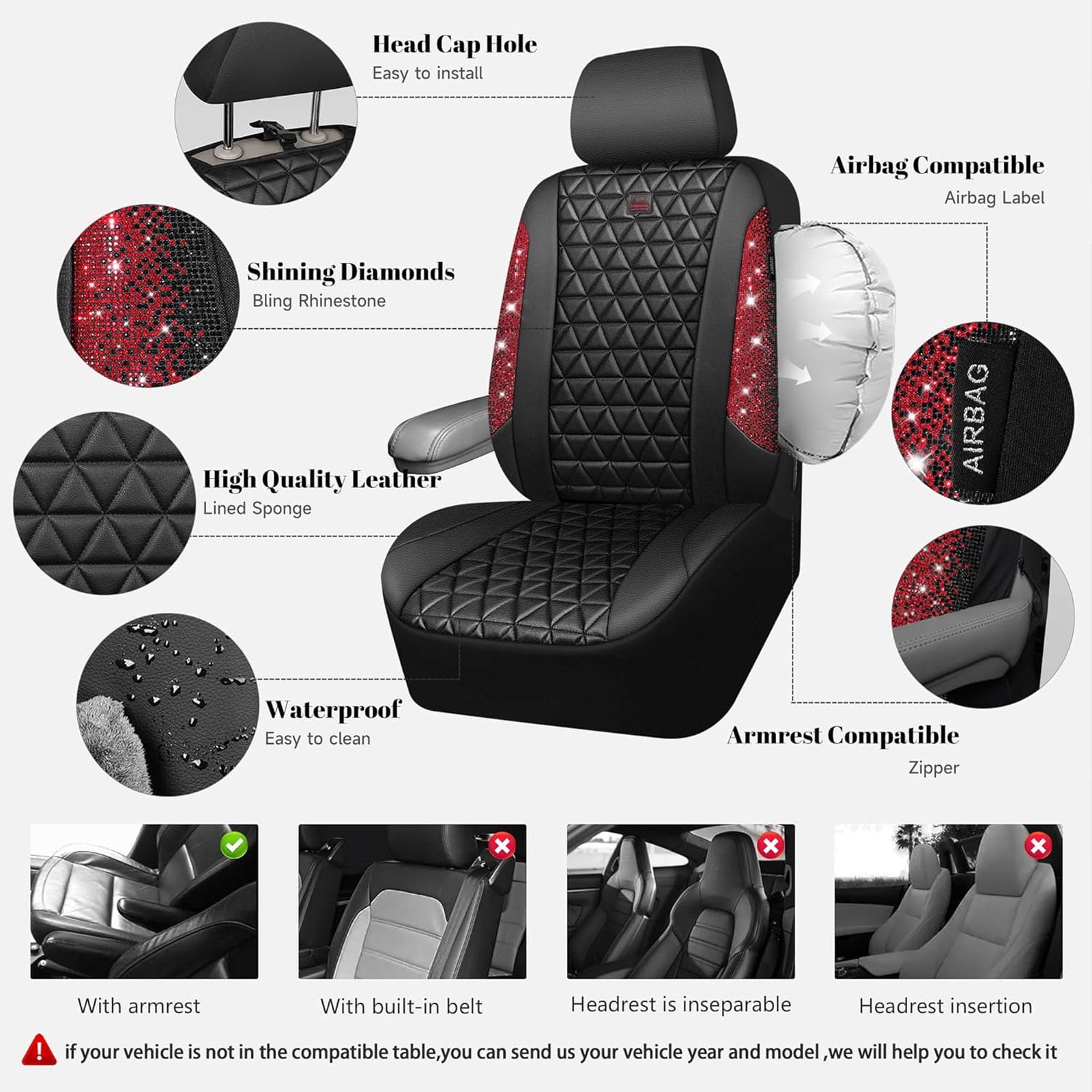 CAR GRAND Bling diamond leather automotive seat covers full set water proof shining glitter sparkly crystal rhinestone universal armrest fit girl woman lady red