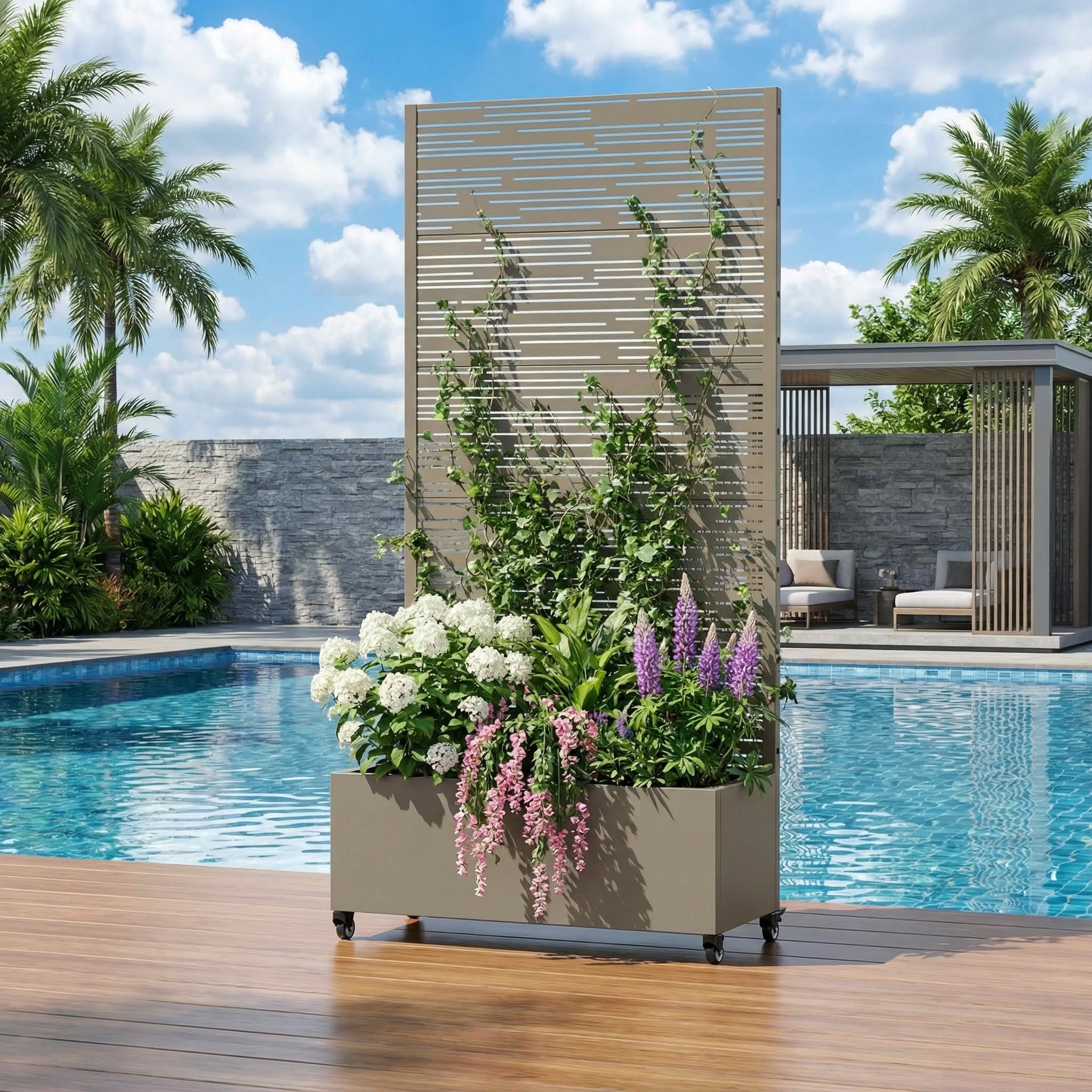 MAYEERTY 72X35" Metal Outdoor Olive Gray Privacy Screen with Planter Box for Backyard & Garden, 5 Piece Set