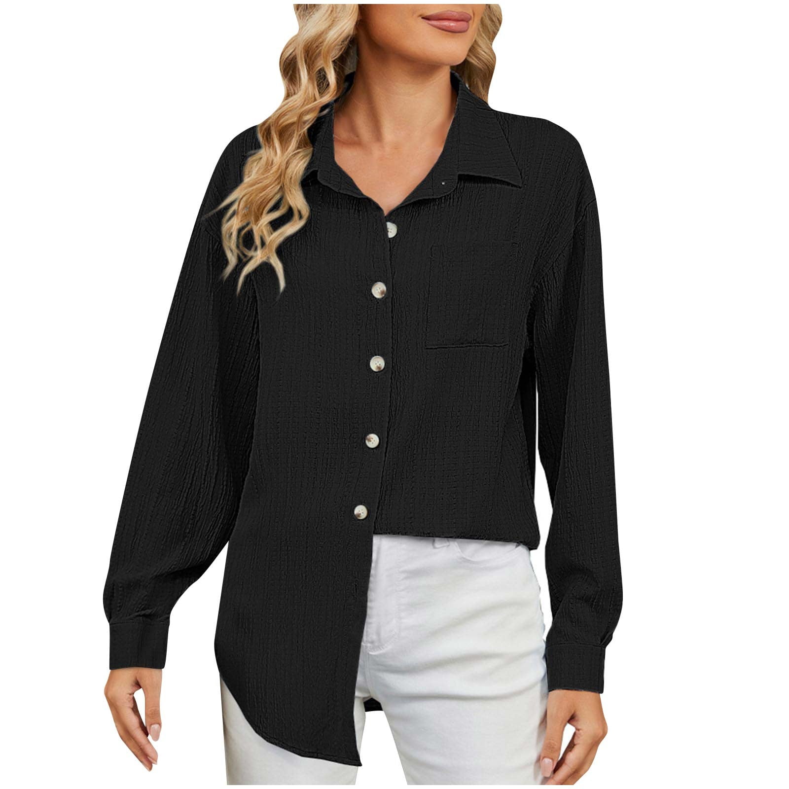 JMKQLZ Women's Fashion Solid Color Long Sleeve Lapel Tops