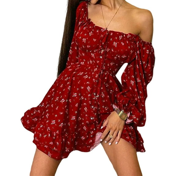 Women'S Floral Off Shoulder Puff Sleeve Short Dress Boho Frill Trim A Line Mini Dresses Red XXL