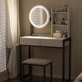 thumbnail image 3 of Makeup Vanity Desk with Mirror and Lights,Small Dressing Table with 2 Drawers & Open Shelves and Cushioned Stool,3 Lighting Modes for Bedroom,Small Space,Black, 3 of 8