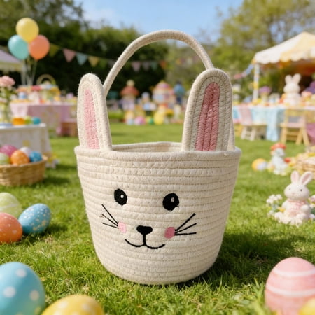 Homekingdee Easter Storage Basket Hand-woven Rabbit-shaped with 3D Ears – Polyester Holiday Decorative Storage Bin for Home Decor Homekingdee Easter Storage Basket Hand-woven Rabbit-shaped with 3D Ears – Polyester Holiday Decorative Storage Bin for Home Decor