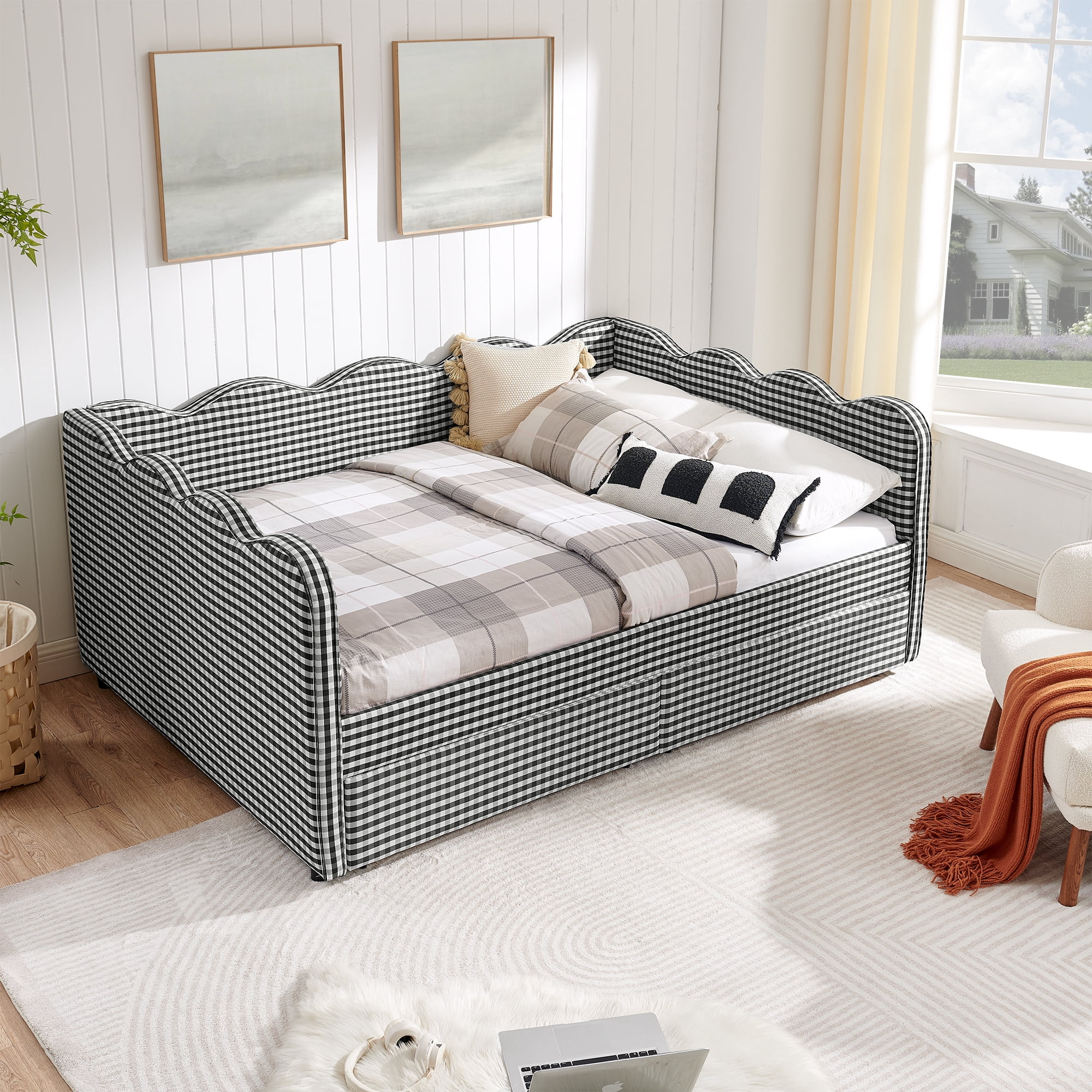 Full Size Daybed with Storage Drawers and USB Port, Upholstered Linen Sofa Bed Frame with Wave Design, Kids Guest Bed for Bedroom Living Room, Black