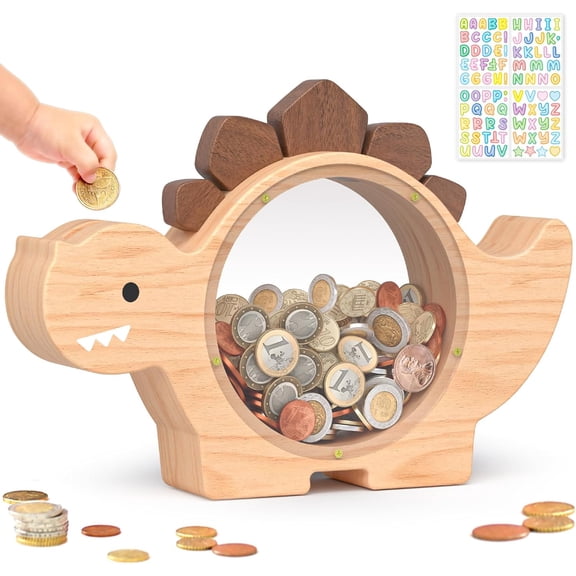 Wooden Dinosaur Piggy Bank for Kids Boys, Cute Wood Dino Money Bank for Toddlers, Creative Saving Coin Jar, Personalized Present for Child Birthday & Decor (Natrul Wood, Standard)