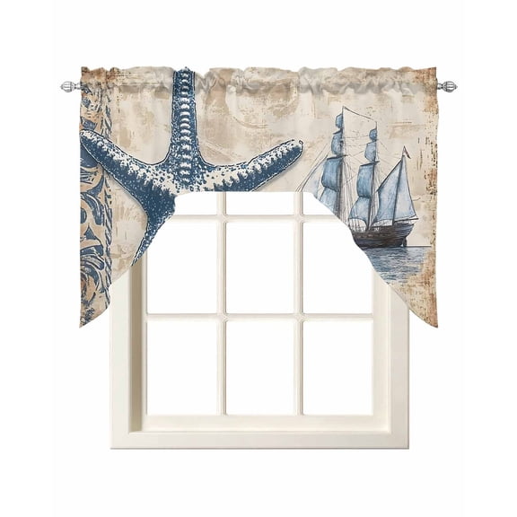 Coastal Nautical Kitchen Curtains Swag Valance for Windows/Bathroom/Cafe, Summer Vintage Starfish Floral Rod Pocket Drape Panel Swag Curtain Valance for Bedroom/Living Room 55''x36''