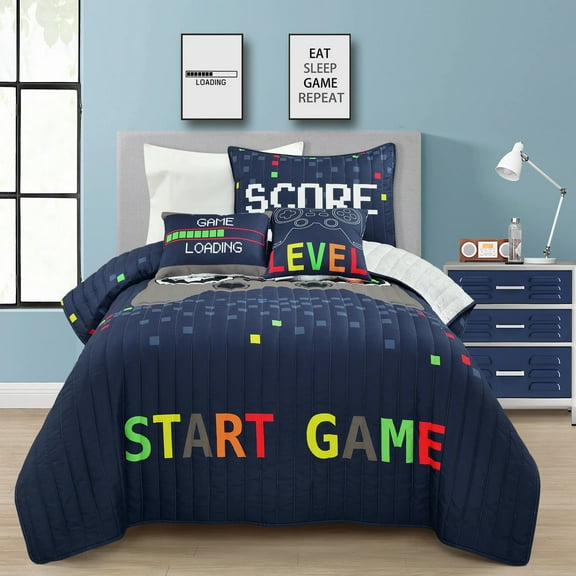 Lush Decor Video Games Kids Print Reversible Quilt, Twin, Navy/Multi, 4-Pc Set