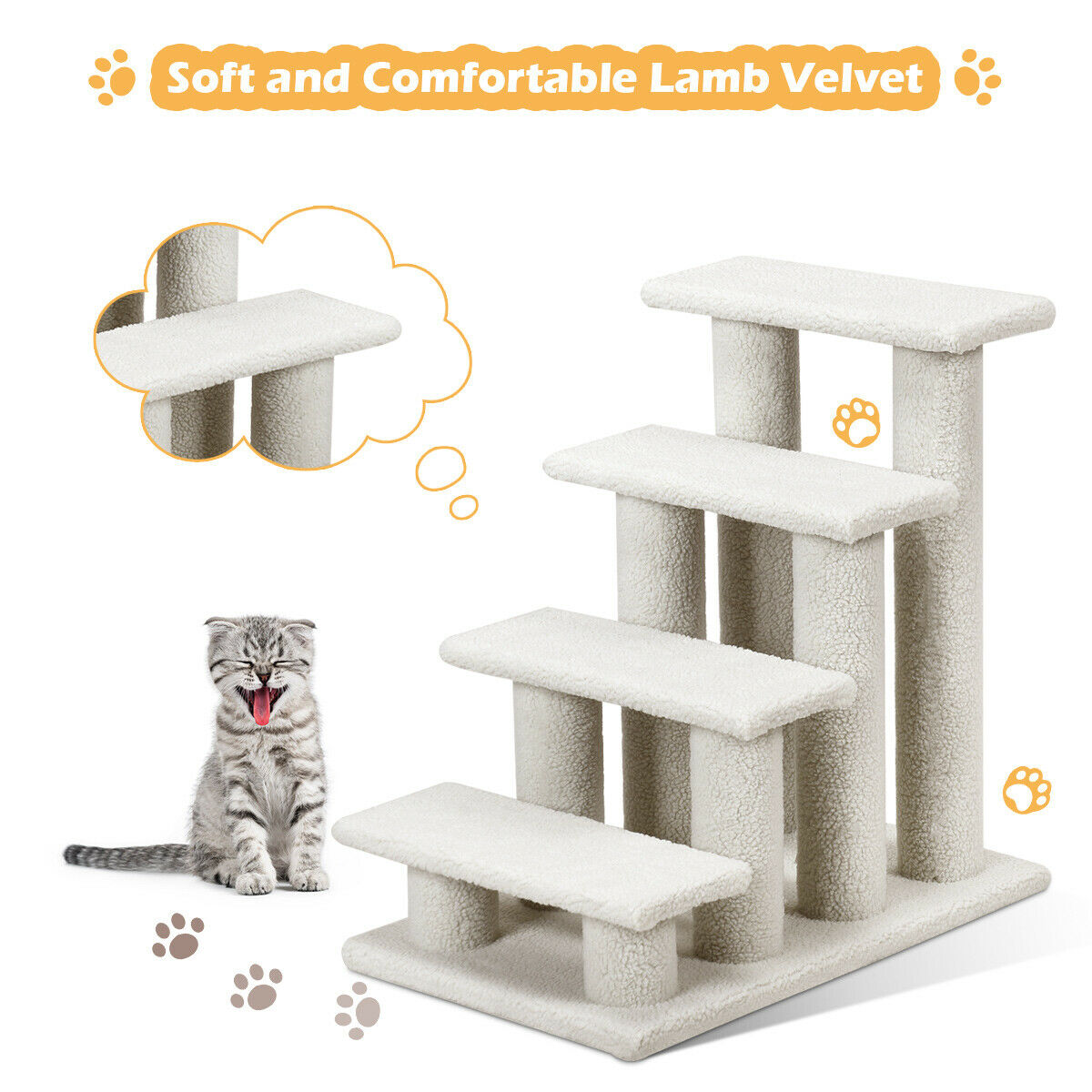 Gymax Fashion 24'' 4-Step Pet Stairs Carpeted Ladder Ramp 8 Scratching Post Cat Tree Climber