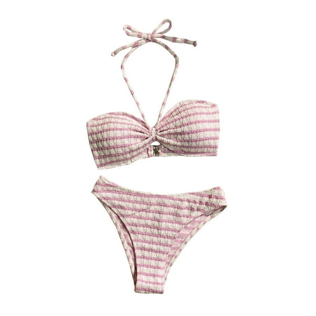 Arnsht Women s 2 Piece Swimsuits Striped Tie Back Halter Top Bikini Sets Soft Comfortable Breathable Beach Vacation Swimwear Pink S