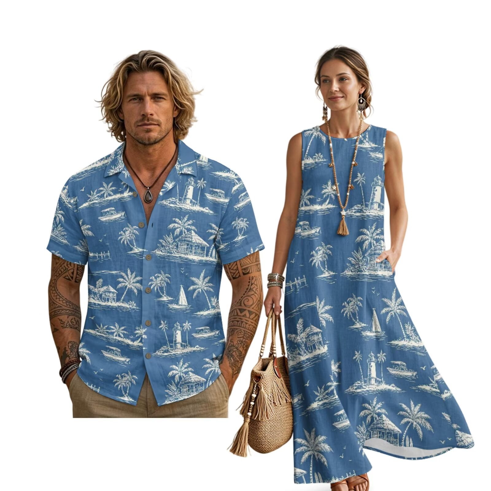FOR U DESIGNS Blue Palm Tree Print Couple Matching Set Hawaiian Linen-Look His & Hers Clothing: Men's Button Shirt, Women's Sleeveless Dress with Pocket