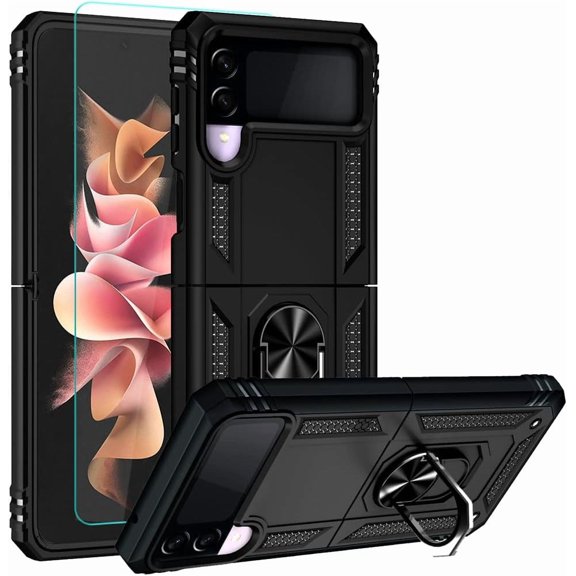 MYKOMI Designed for Samsung Galaxy Z Flip 3 Case, with 3D Curved HD Screen Protector, Military-Grade Ring Holder Kickstand 15ft Drop Tested Phone Cover Case for Samsung Z Flip 3