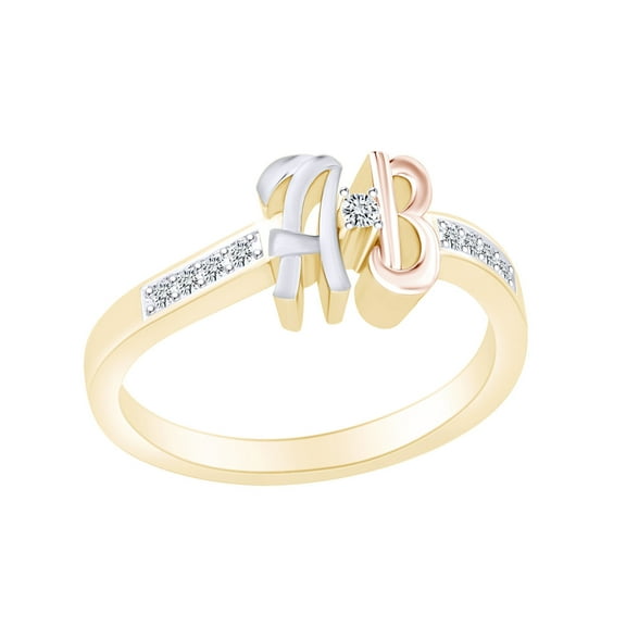 AFFY 1/10 Carat Round White Natural Diamond Initial Letter A & B Ring 14k Yellow Gold Over Sterling Silver (0.1 Cttw)