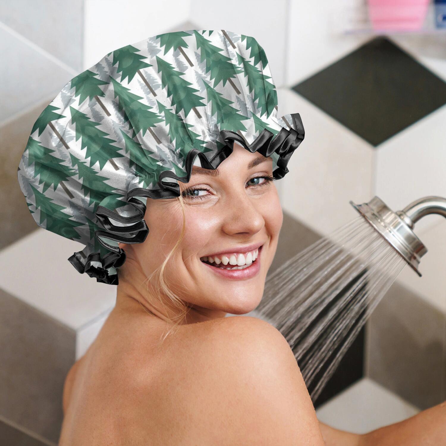 Shower Caps,Green Christmas Tree Pattern Waterproof Shower Cap for Women 4 Pieces,Double Reusable Hair Cover for Shower PEVA Elastic Stretch Hem