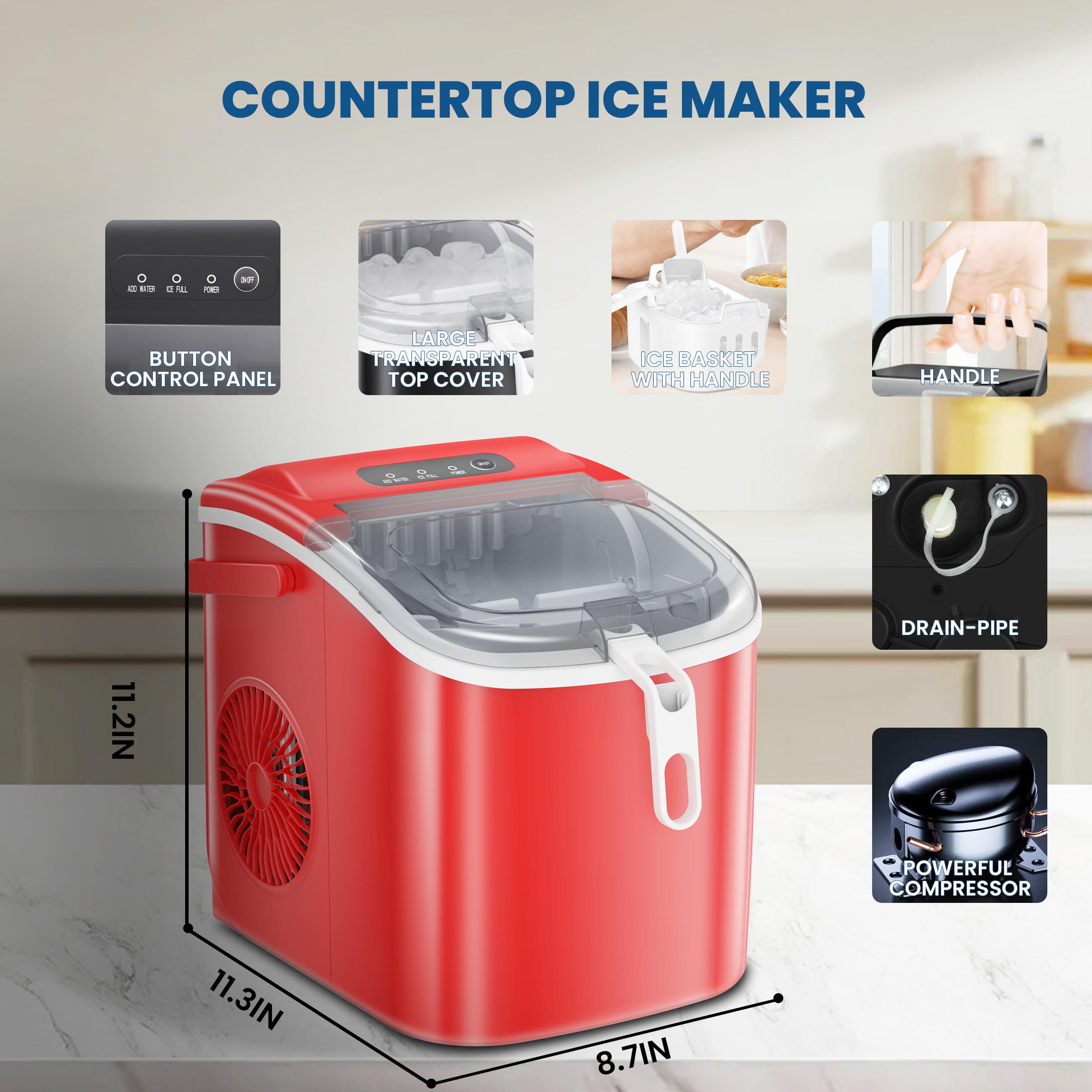 KISSAIR Countertop Ice Maker Machine 6-Minute Fast Bullet Ice Simple H –  agluckyshop