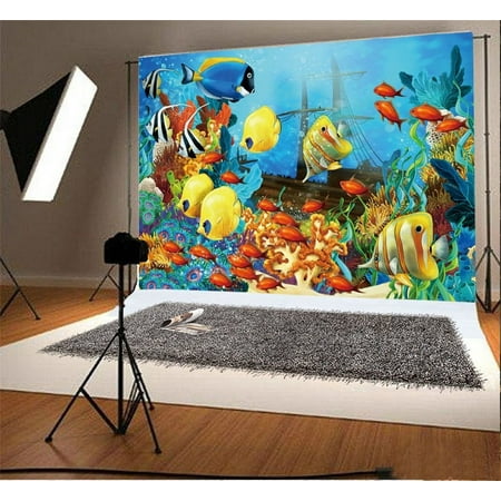 Image of GreenDecor 7x5ft Underwater World Backdrop Aquarium Fish Coral Bubble Ship Blue Water Interior Wallpaper Cartoon Photography Background Sweet Boys Gir