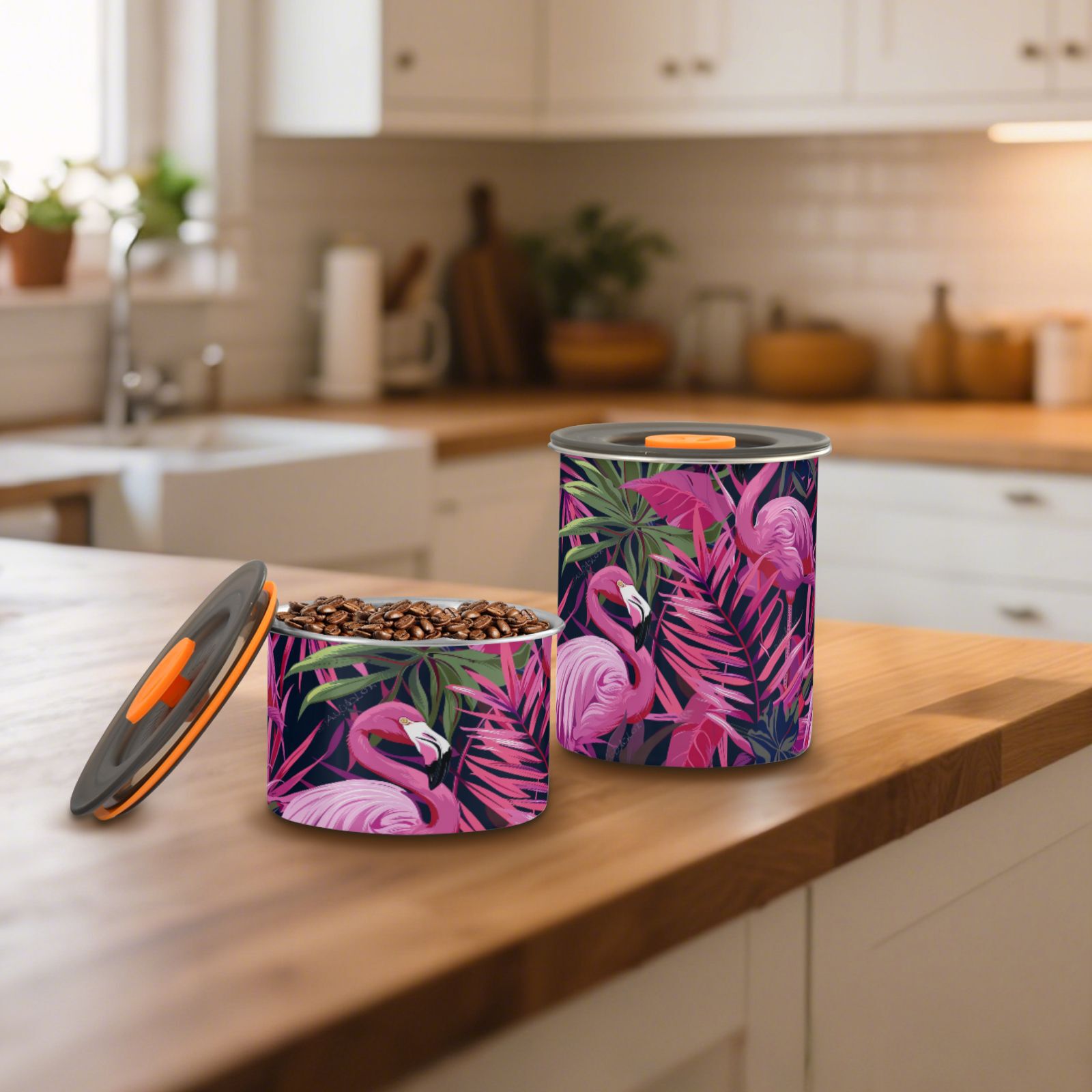 Pink Flamingo Leaf Airtight Coffee Bean Canister 30oz Food Storage Containers with Lids For Gournd, Tea, Sugar, Flour, Rice, Cereal, Candy Cookie Jar