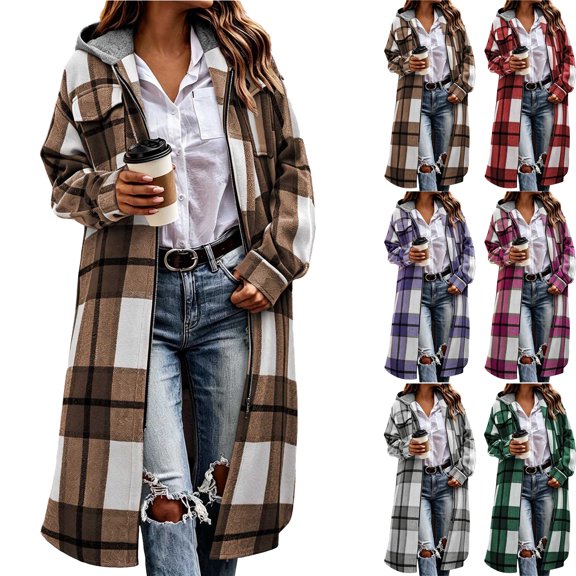 Women's Plus Size Plaid Jackets Fashion Casual Zipper Hooded Cardigan Long Sleeves Coat Tops