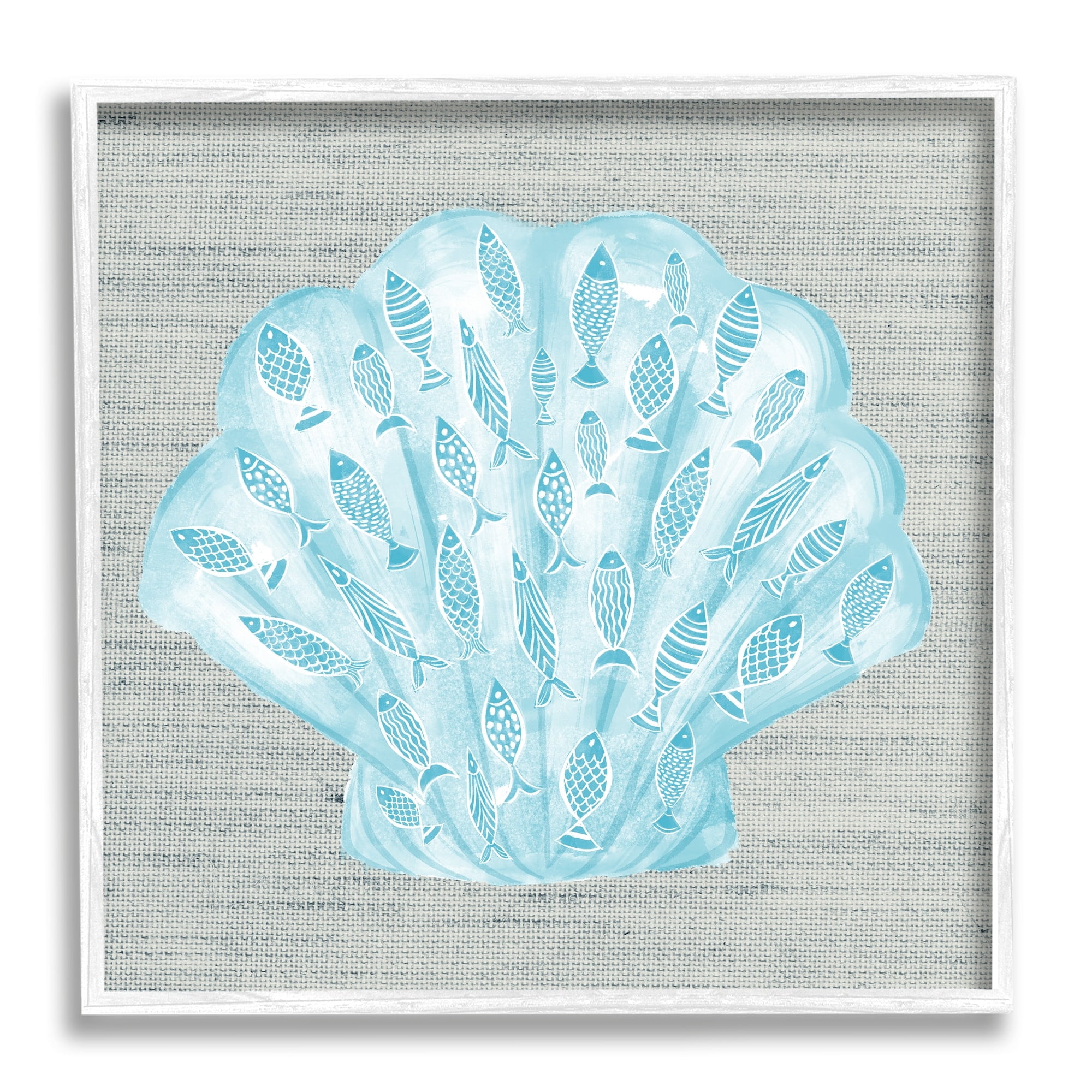 Stupell Industries Blue Clam Shell Patterned Fish Motif Sea Life Graphic Art White Framed Art Print Wall Art, Design by Ziwei Li